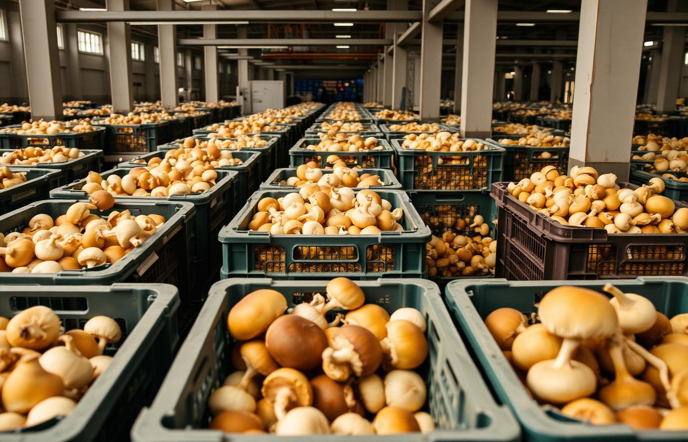 Crates of freshly harvested mushrooms packed for wholesale supply